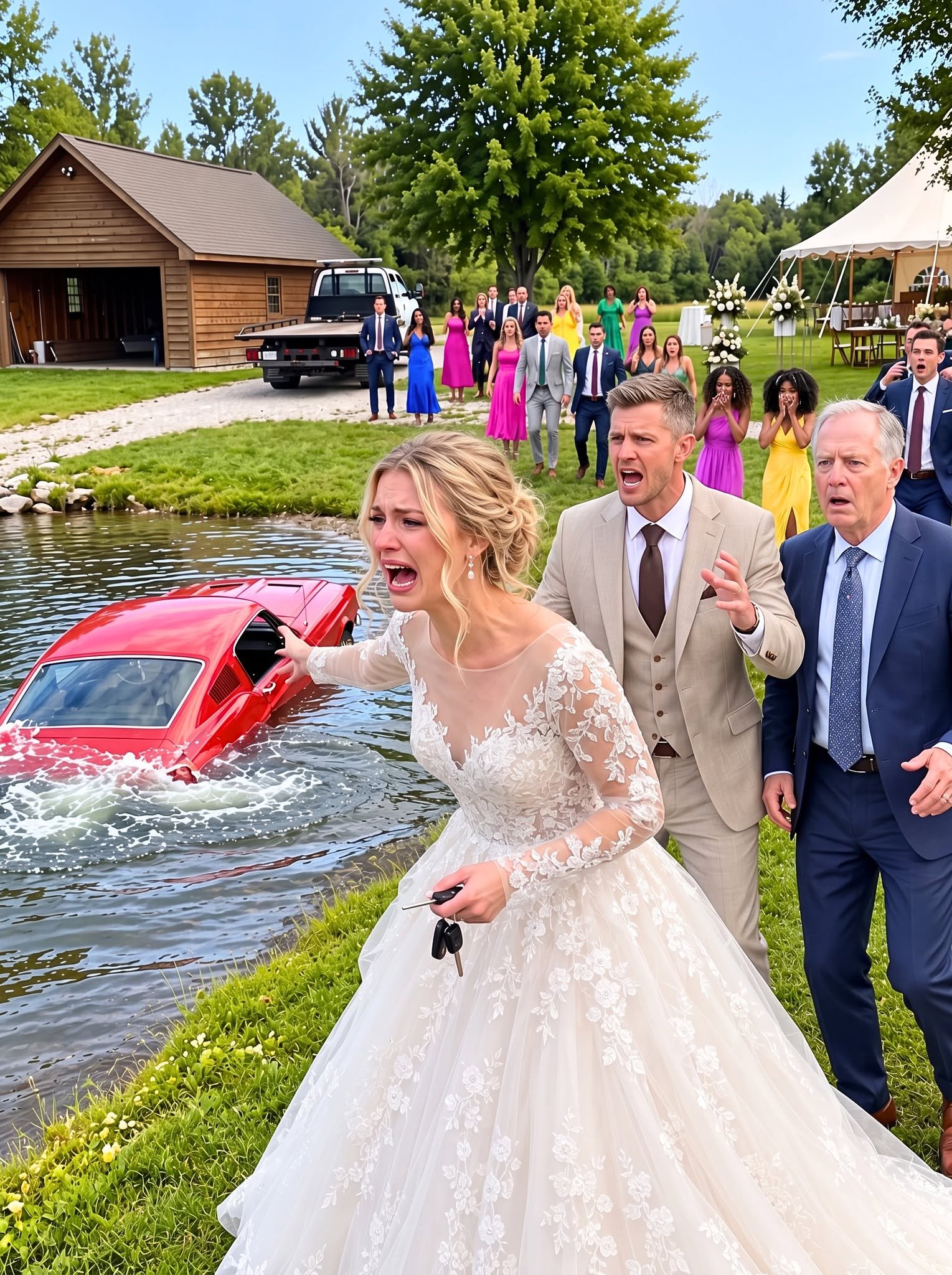 On my wedding day, my brother had my grandfather’s classic Mustang lowered into a lake while my father stood there laughing. They thought it was just a harmless prank. Then I revealed what had been hidden inside the trunk, and the entire crowd went silent…
