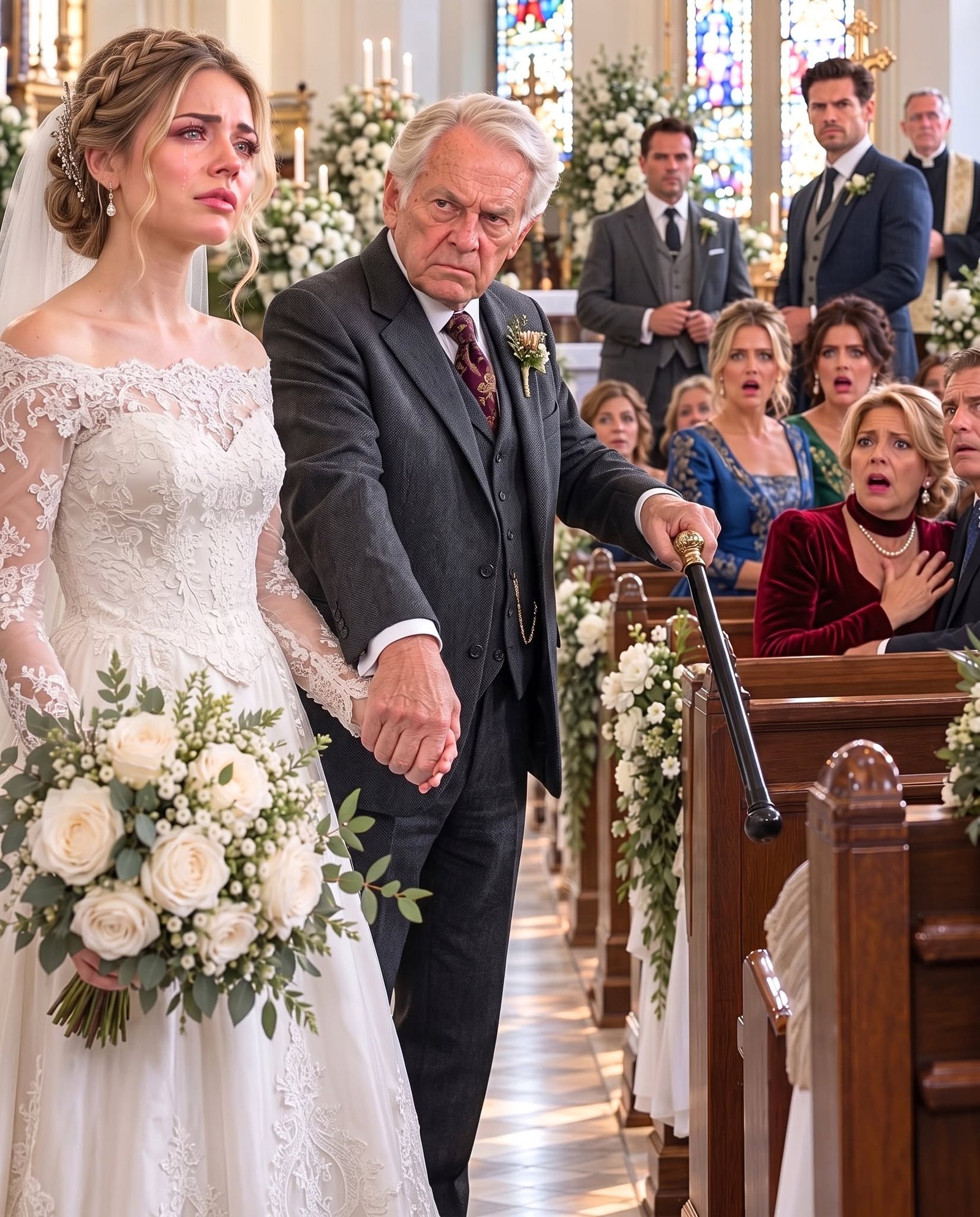 My mom proudly walked both of my sisters down the aisle, but when it was my turn, she looked at me and said, “I won’t walk my greatest regret to the altar.” So my 81-year-old grandfather stepped in beside me. Halfway down the aisle, he suddenly stopped, turned toward my mother, and said eight words that made the entire church gasp. My father’s smile vanished instantly, and Mom whispered in panic…